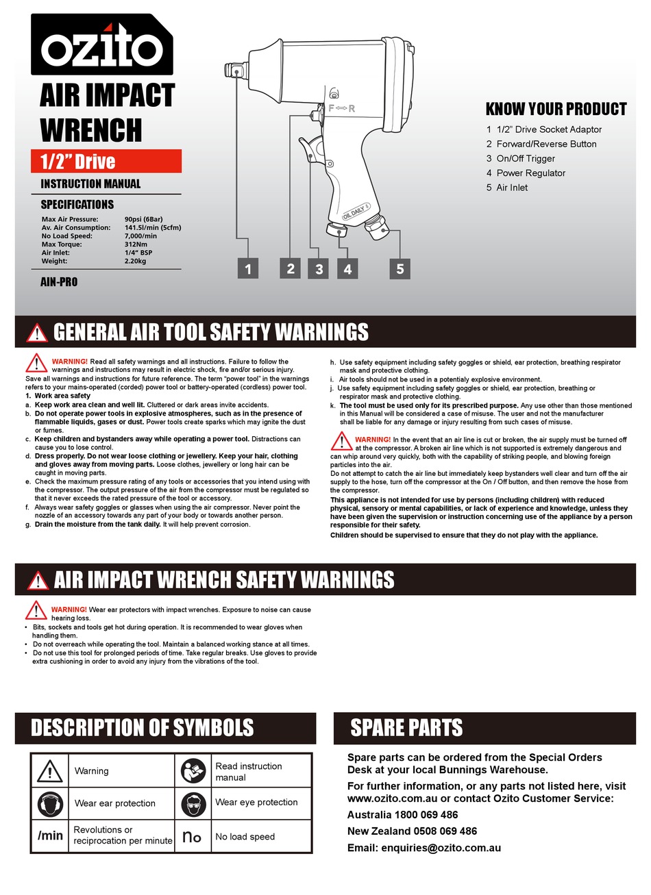 OZITO 1/2 INCH AIR IMPACT WRENCH INSTRUCTION MANUAL Pdf Download
