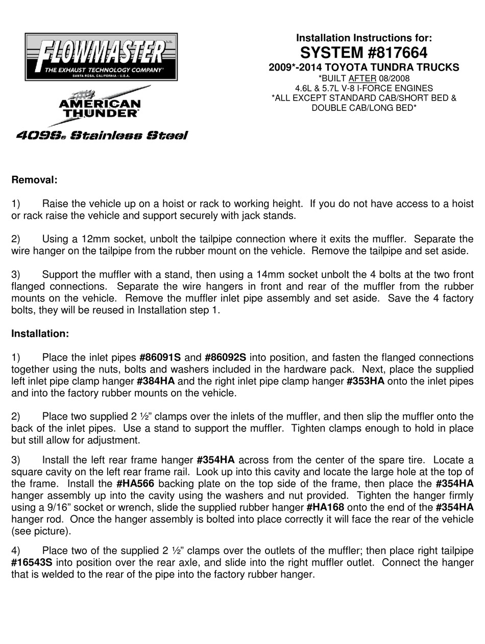 FLOWMASTER AMERICAN THUNDER 817664 INSTALLATION INSTRUCTIONS Pdf