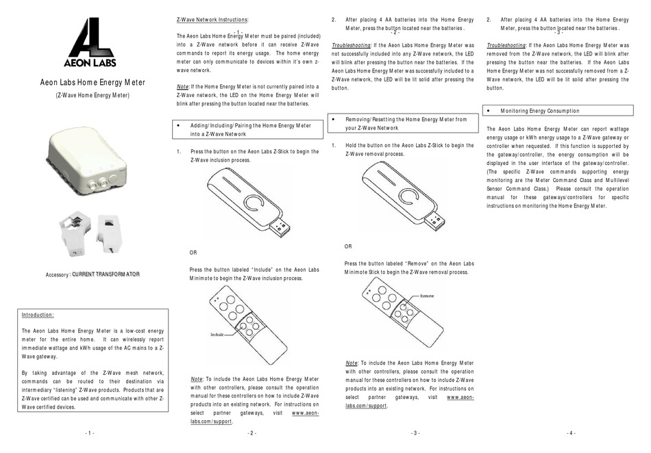 AEON LABS Z-WAVE HOME ENERGY METER INSTRUCTIONS Pdf Download | ManualsLib