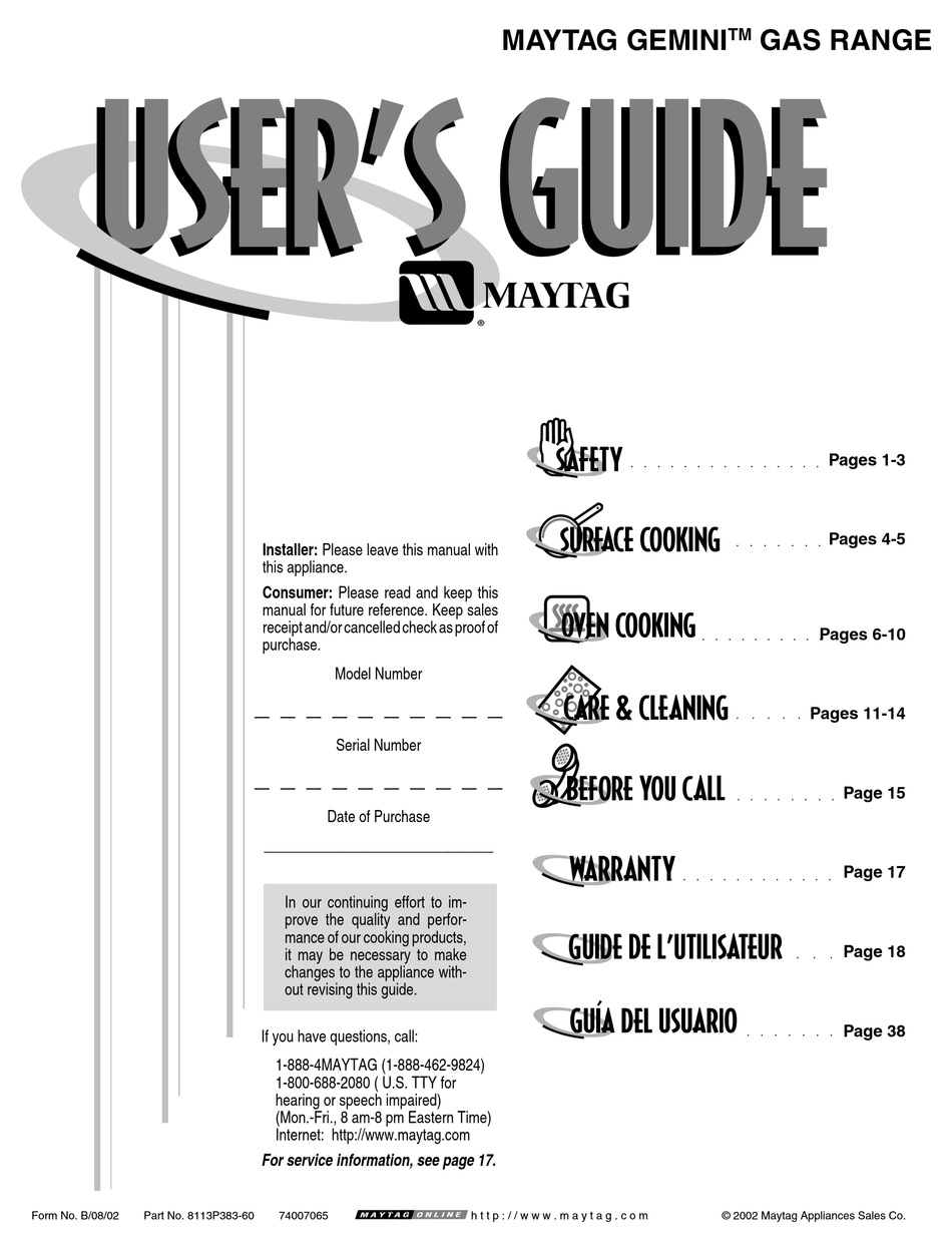 MAYTAG GEMINI USER MANUAL Pdf Download ManualsLib