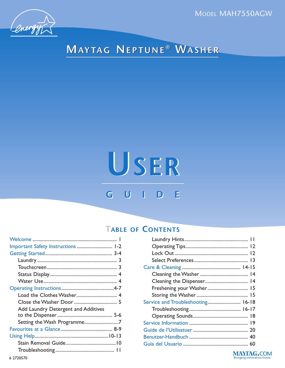 MAYTAG NEPTUNE MAH7550AGW USER MANUAL Pdf Download ManualsLib