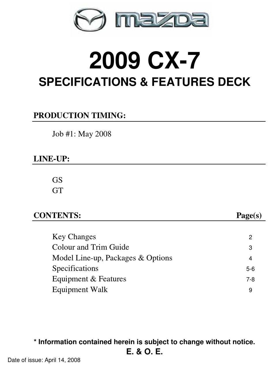Mazda 09 Cx 7 Specifications Pdf Download Manualslib