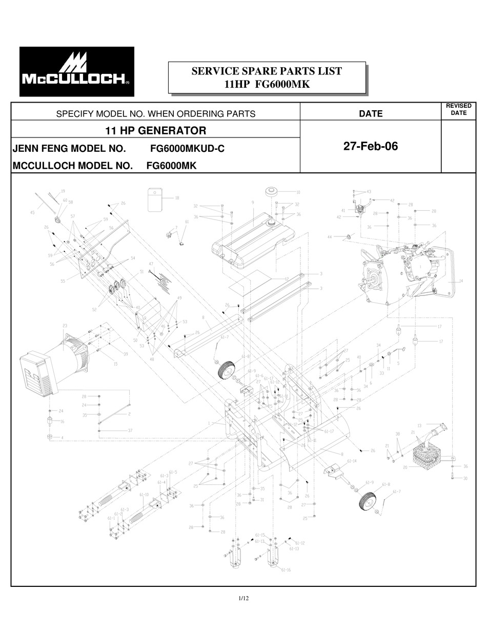 Mcculloch generator fg5700ak parts list