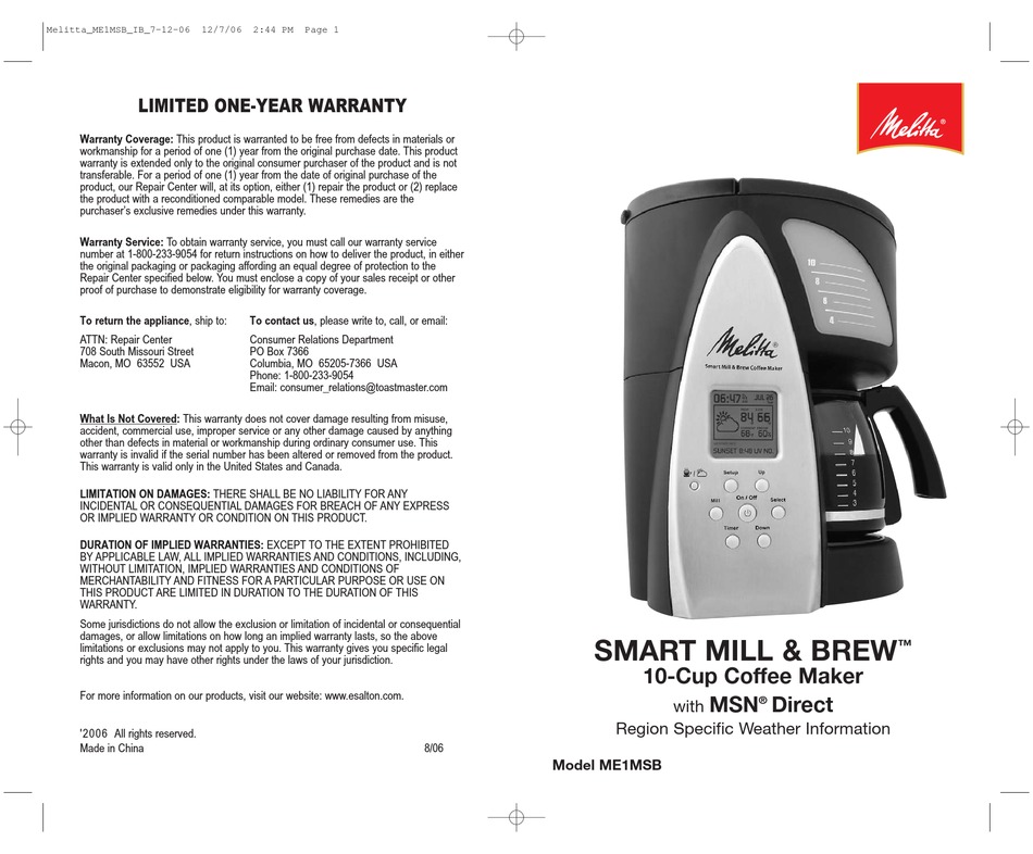 MELITTA ME1MSB OWNER'S MANUAL Pdf Download | ManualsLib