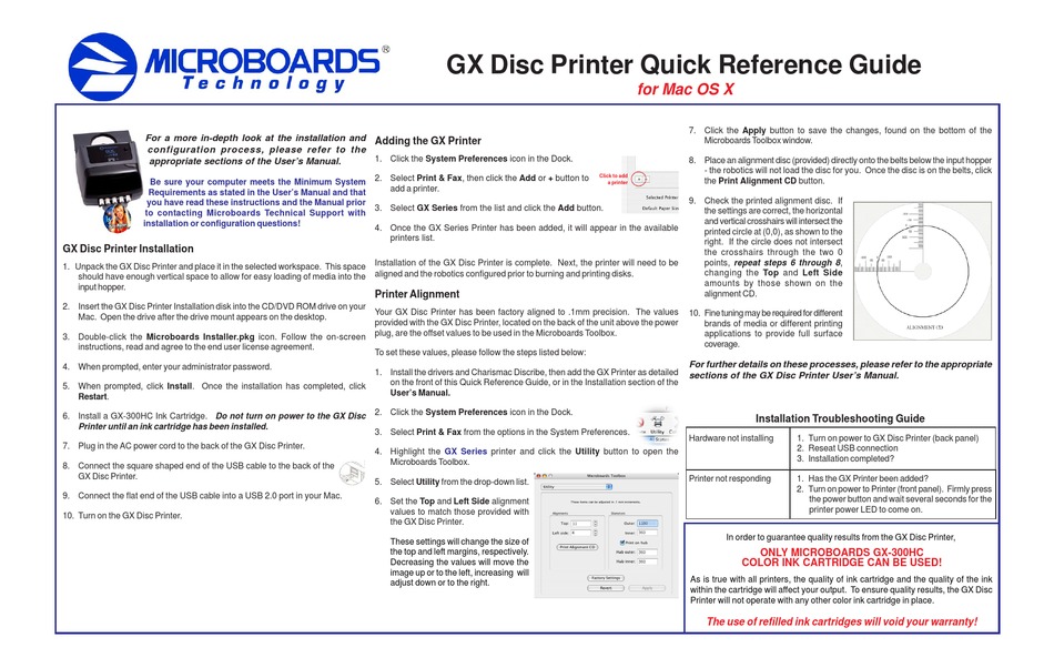 MICROBOARDS TECHNOLOGY GX DISC PRINTER QUICK REFERENCE MANUAL Pdf