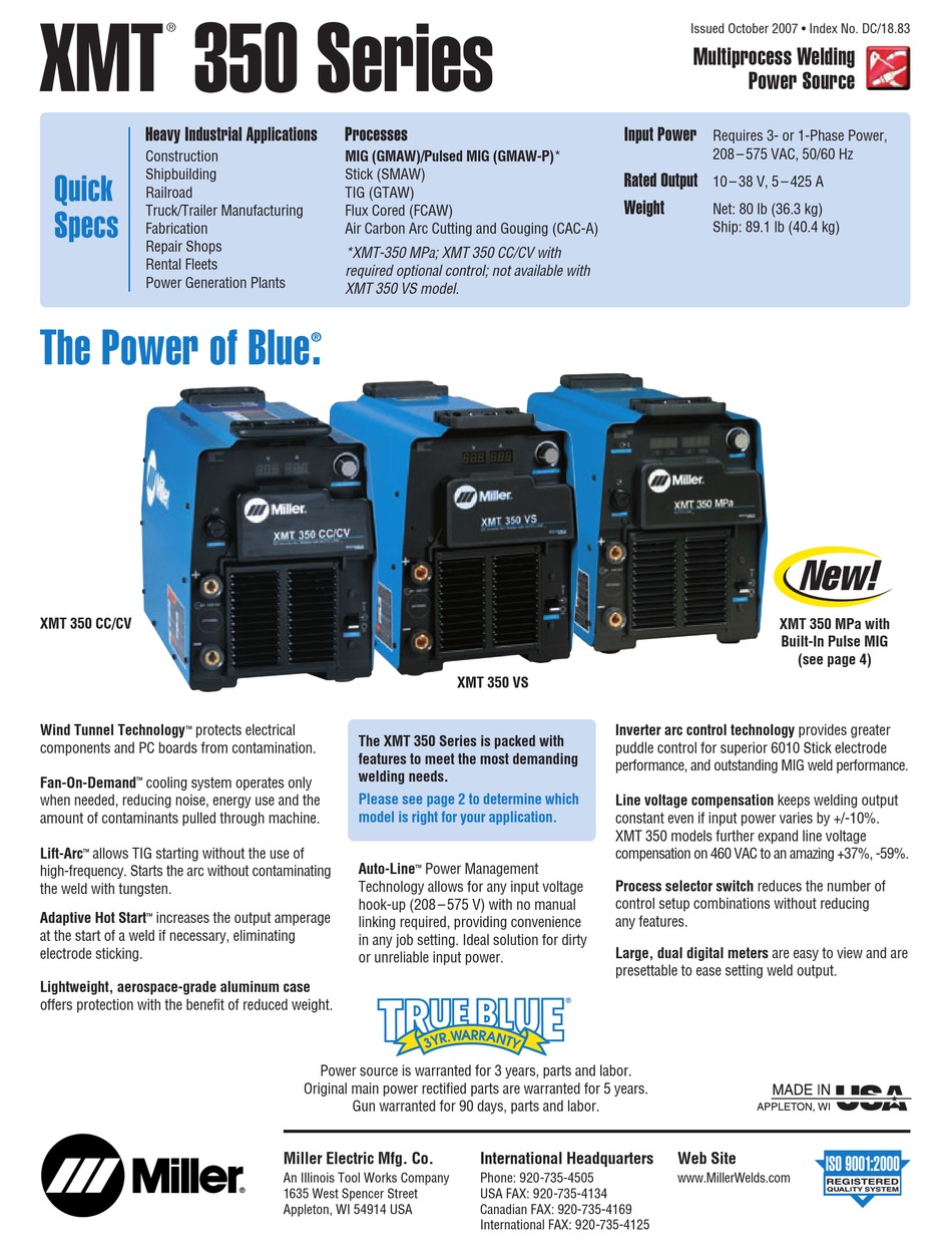 MILLER ELECTRIC XMT 350 SERIES BROCHURE & SPECS Pdf Download ManualsLib