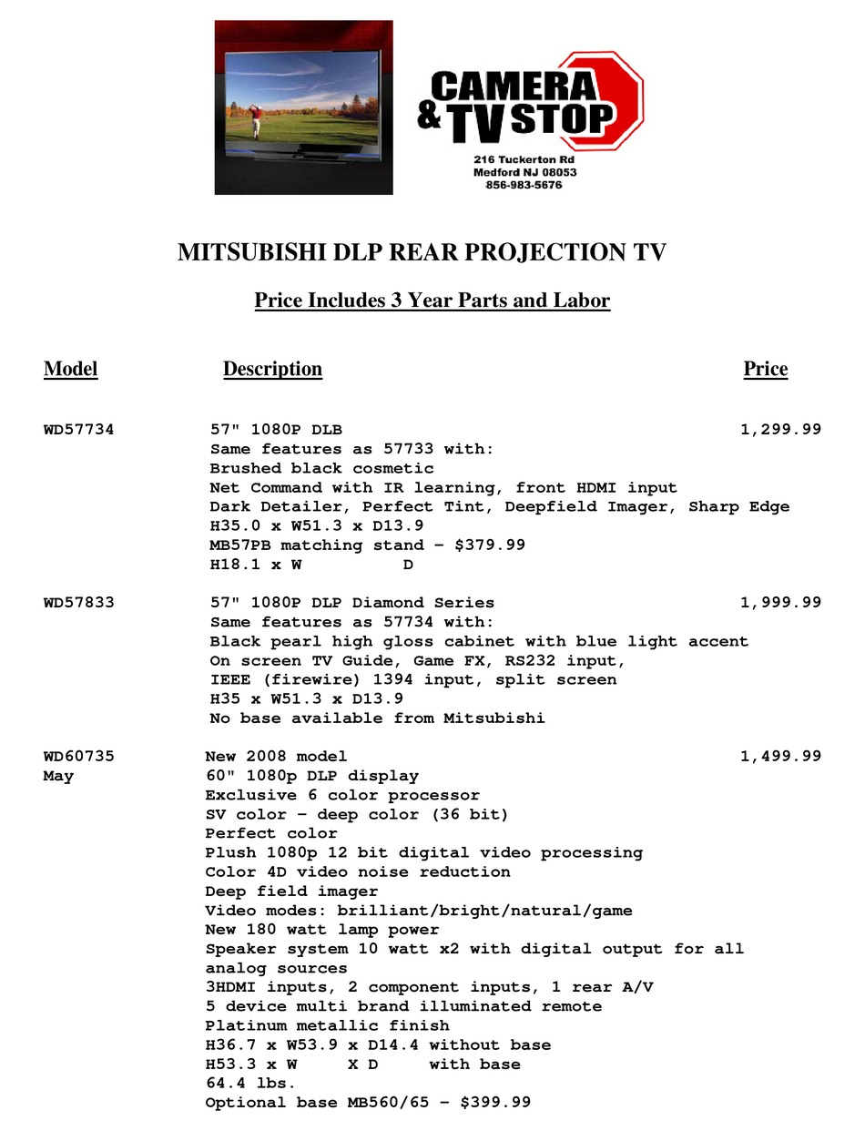 MITSUBISHI WD57734 SPECIFICATION SHEET Pdf Download | ManualsLib