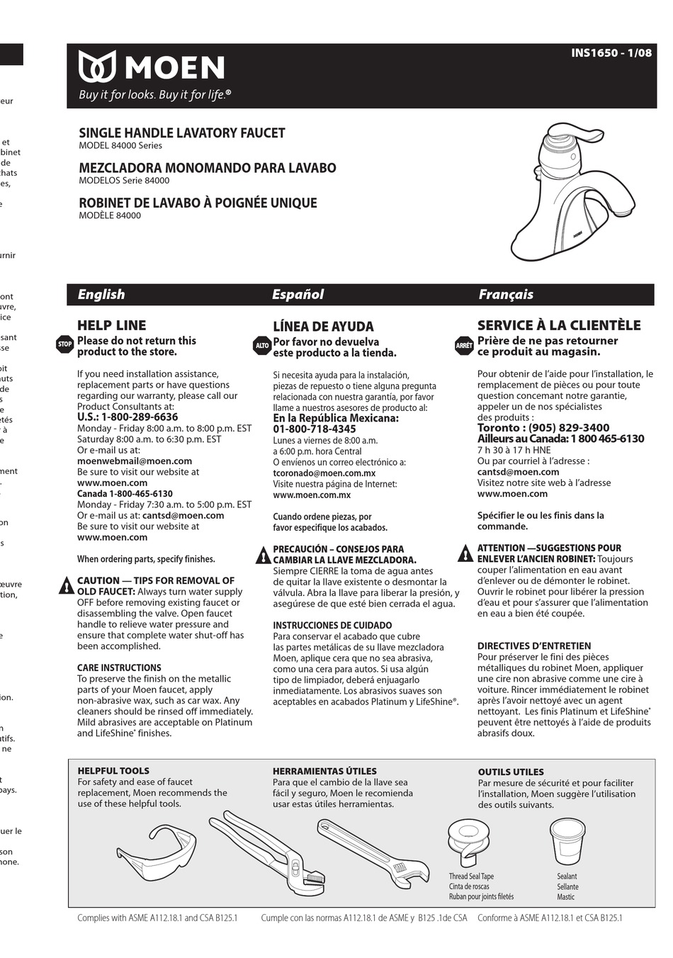 MOEN SERIES 84000 INSTRUCTION MANUAL Pdf Download | ManualsLib