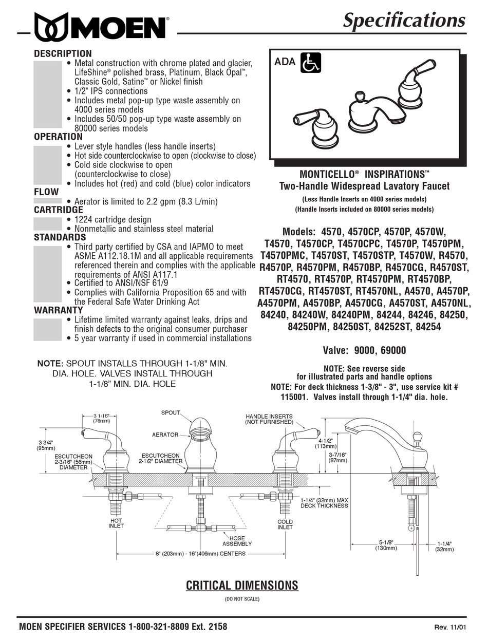 Moen Monticello 4570 Specifications Pdf Download Manualslib