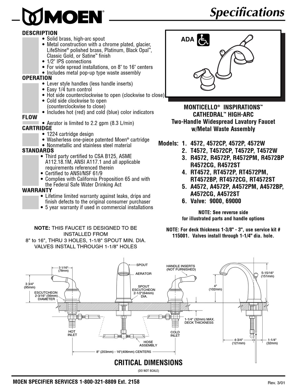 Moen Monticello 4572 Specifications Pdf Download Manualslib