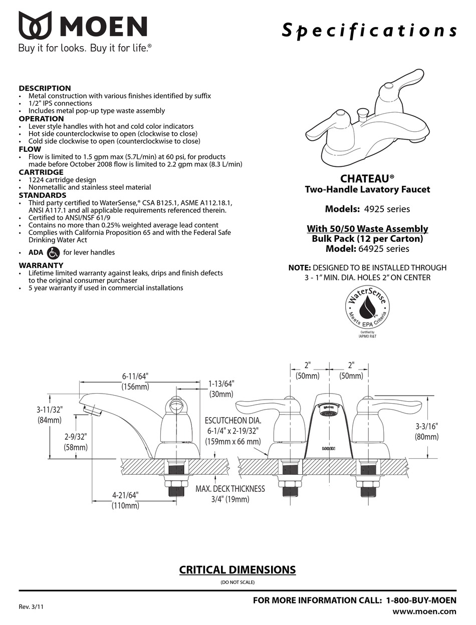MOEN 4925 SERIES SPECIFICATIONS Pdf Download ManualsLib