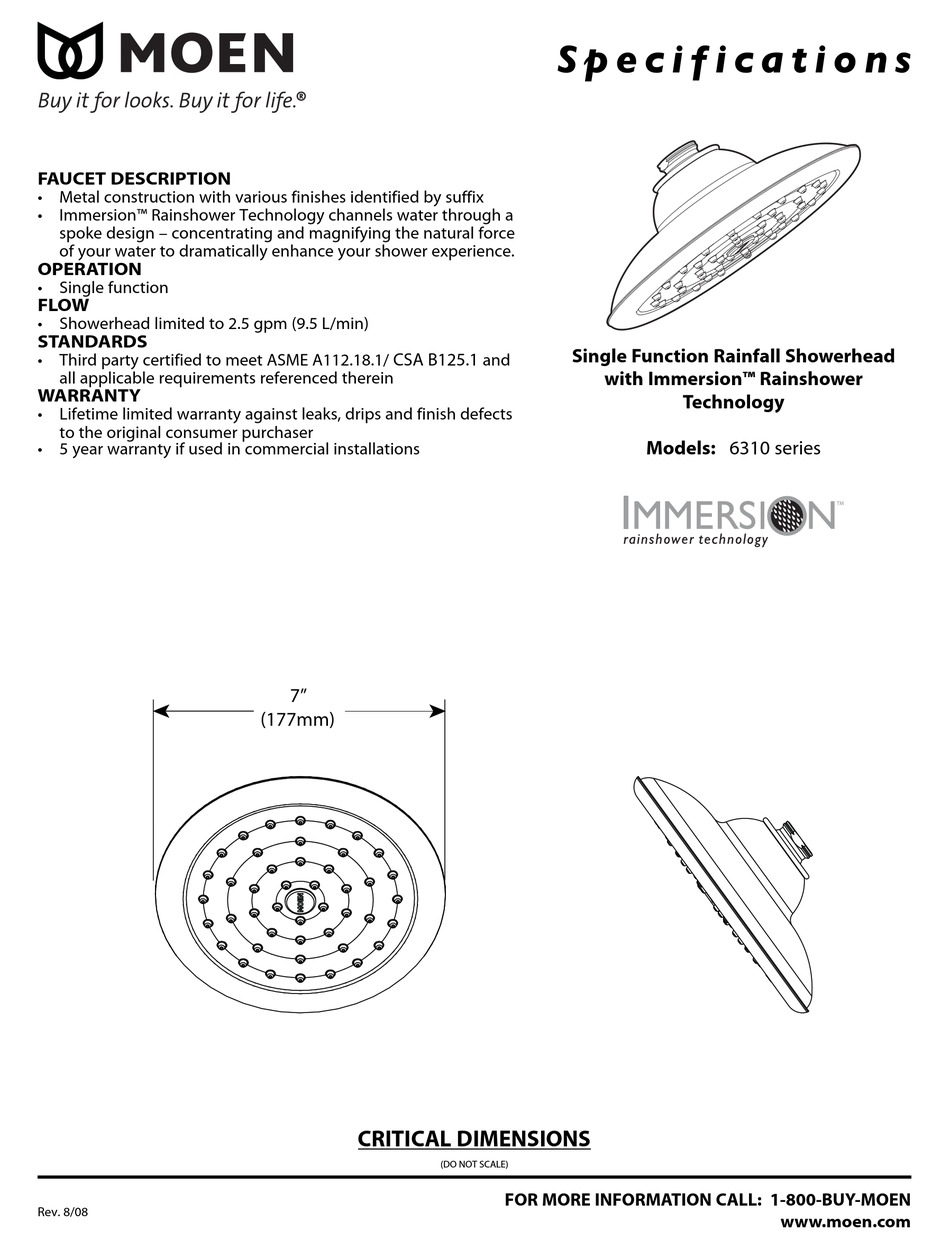 MOEN IMMERSION 6310 SERIES SPECIFICATIONS Pdf Download ManualsLib