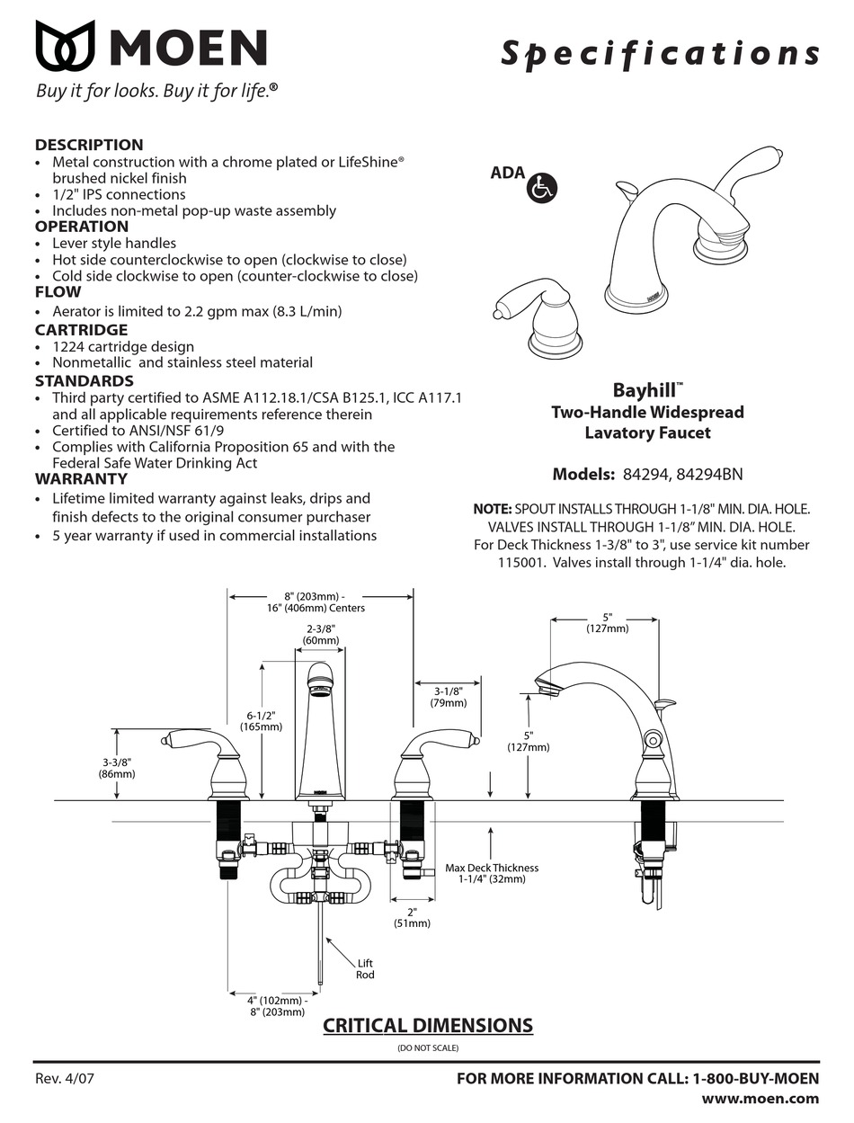 MOEN 84294 SPECIFICATIONS Pdf Download ManualsLib