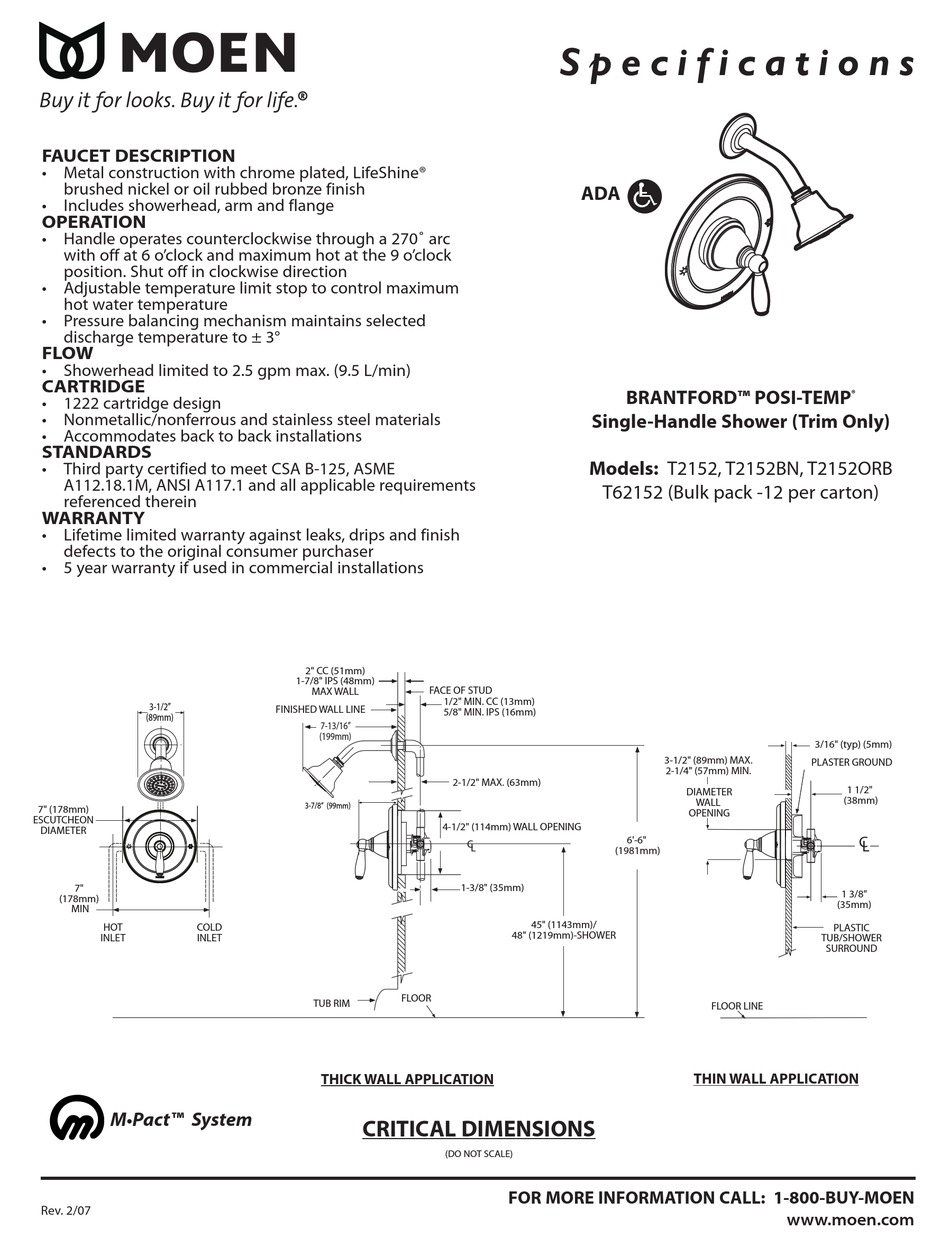 MOEN BRANTFORD POSI TEMP T2152 SPECIFICATIONS Pdf Download ManualsLib   Moen Brantford Posi Temp T2152 