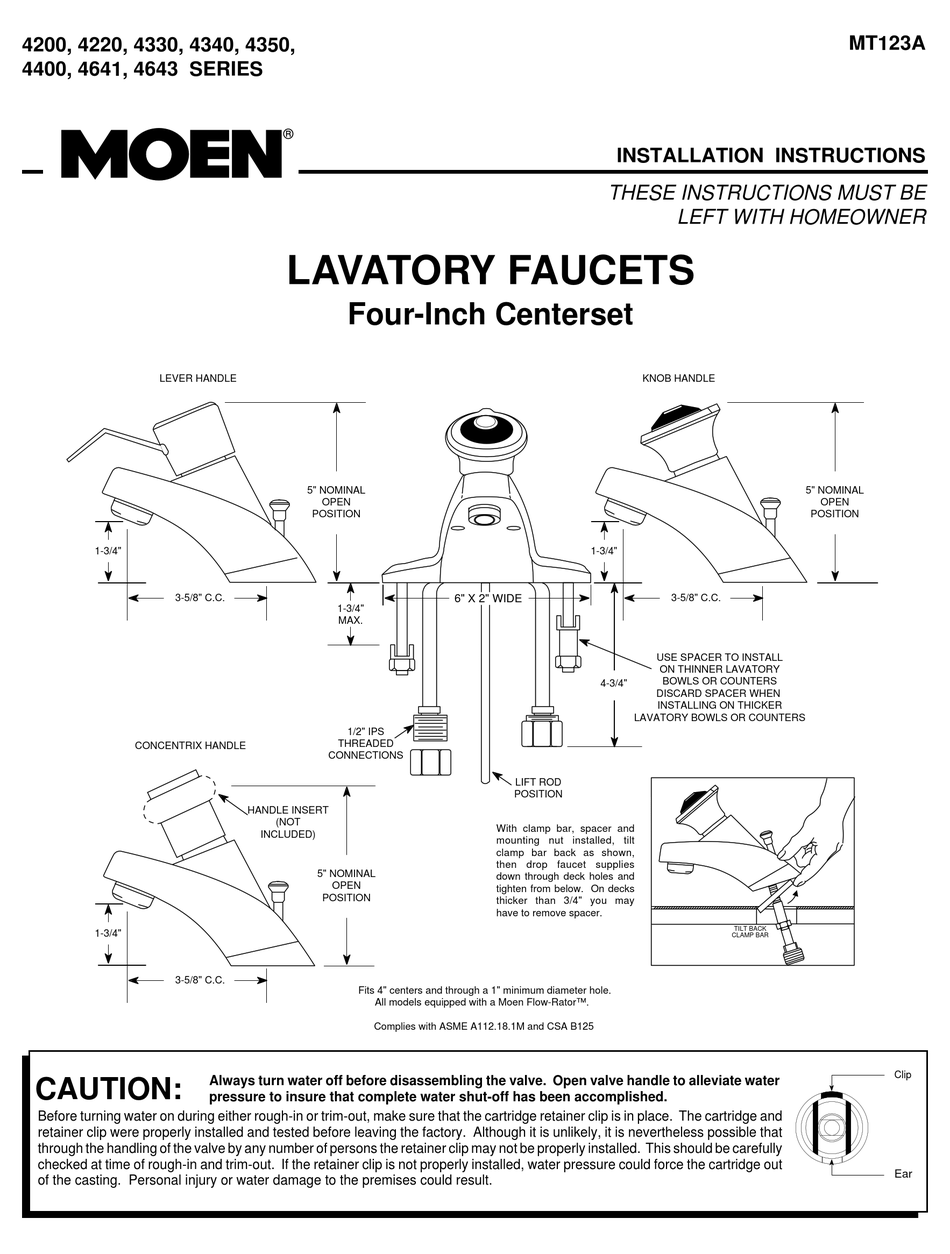 MOEN FOURINCH CENTERSET 4200 INSTALLATION INSTRUCTIONS Pdf Download