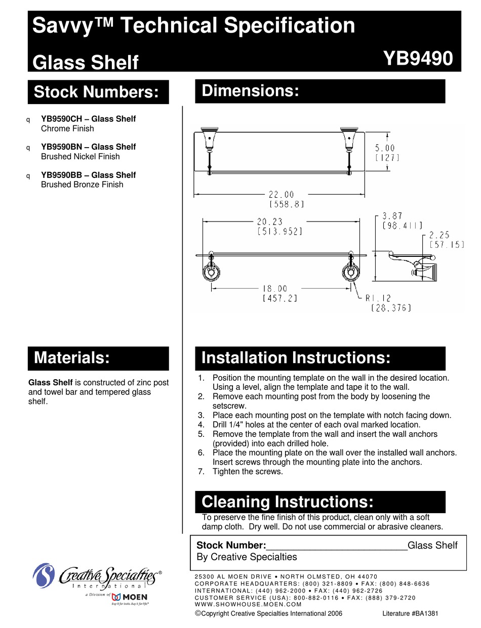 MOEN GLASS SHELF YB9490 TECHNICAL SPECIFICATIONS Pdf Download | ManualsLib