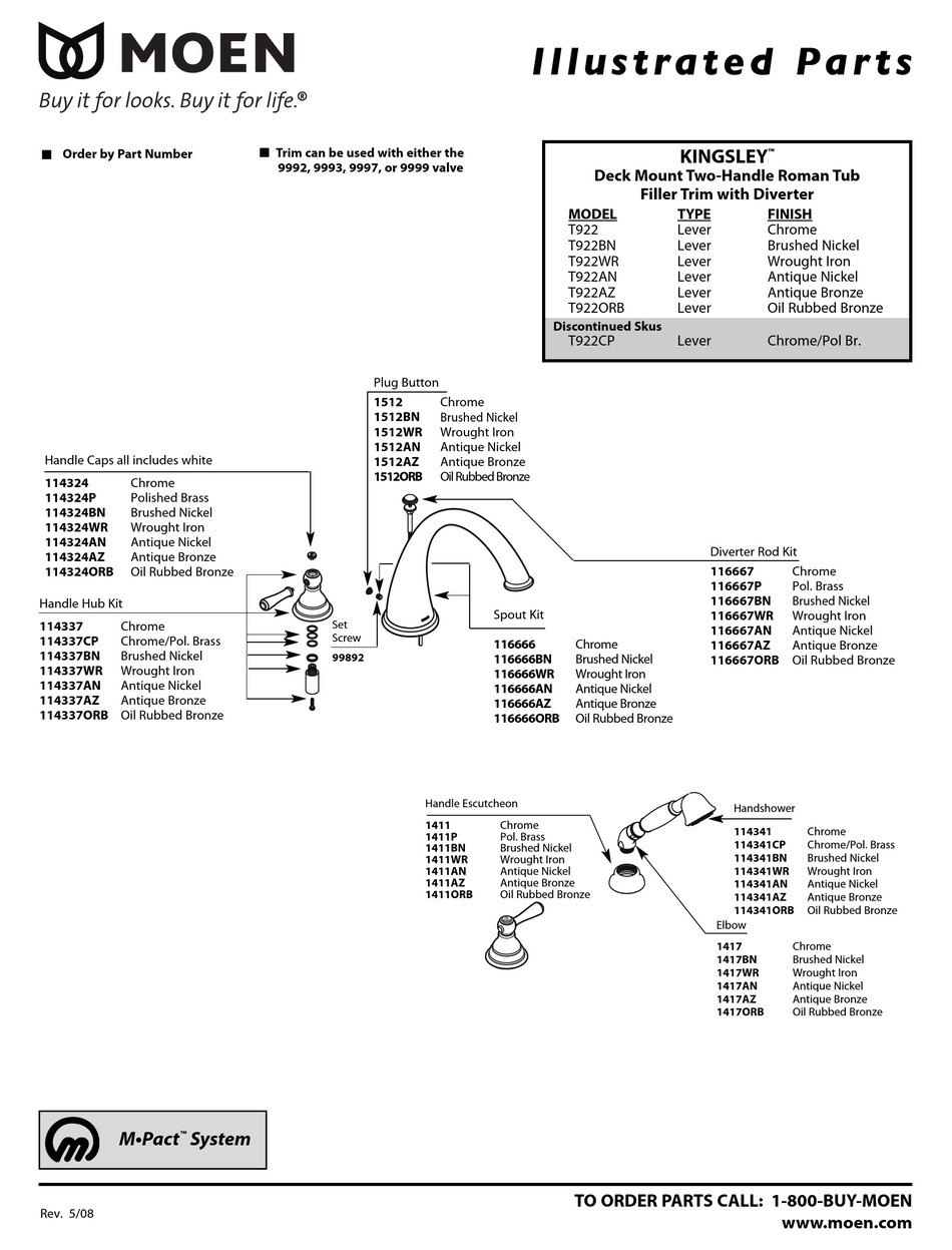 MOEN KINGSLEY T922 ILLUSTRATED PARTS LIST Pdf Download ManualsLib