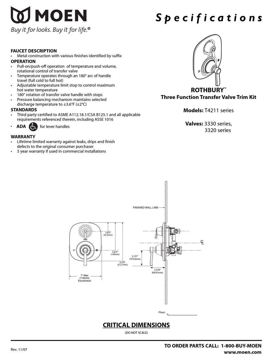 MOEN ROTHBURY T4211 SERIES SPECIFICATIONS Pdf Download ManualsLib