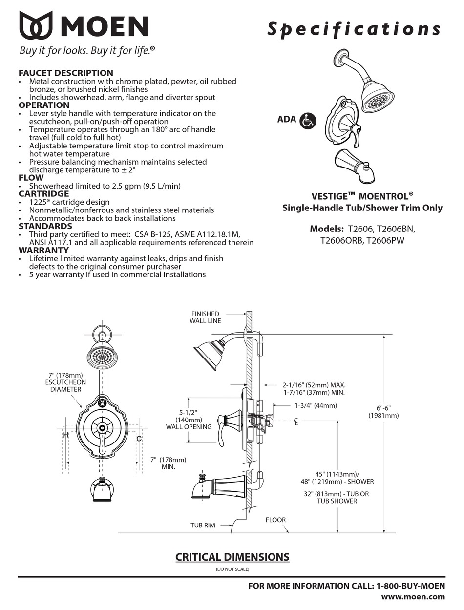 MOEN VESTIGE MOENTROL T2606 SPECIFICATION SHEET Pdf Download ManualsLib