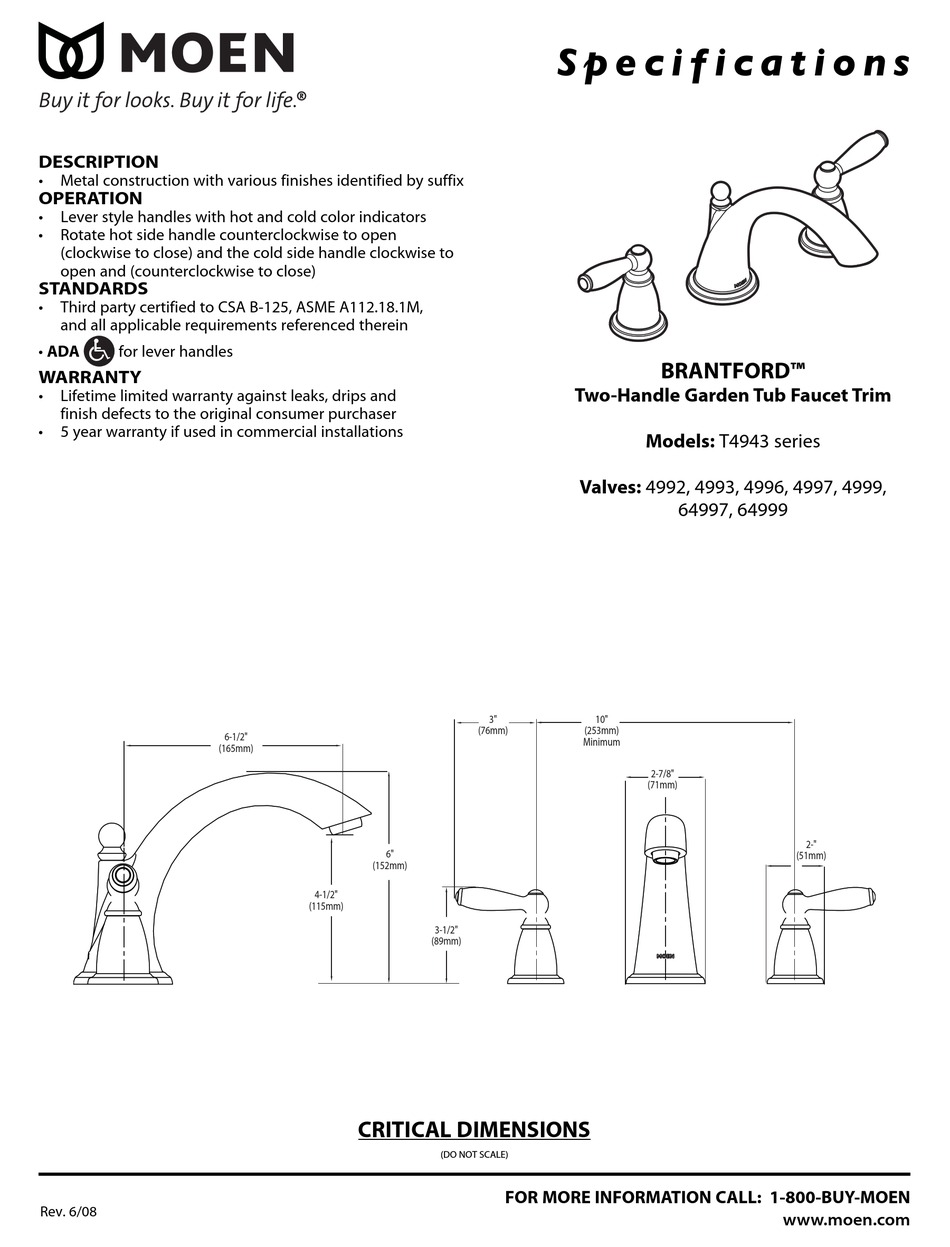 MOEN BRANTFORD T4943 SERIES SPECIFICATION SHEET Pdf Download ManualsLib