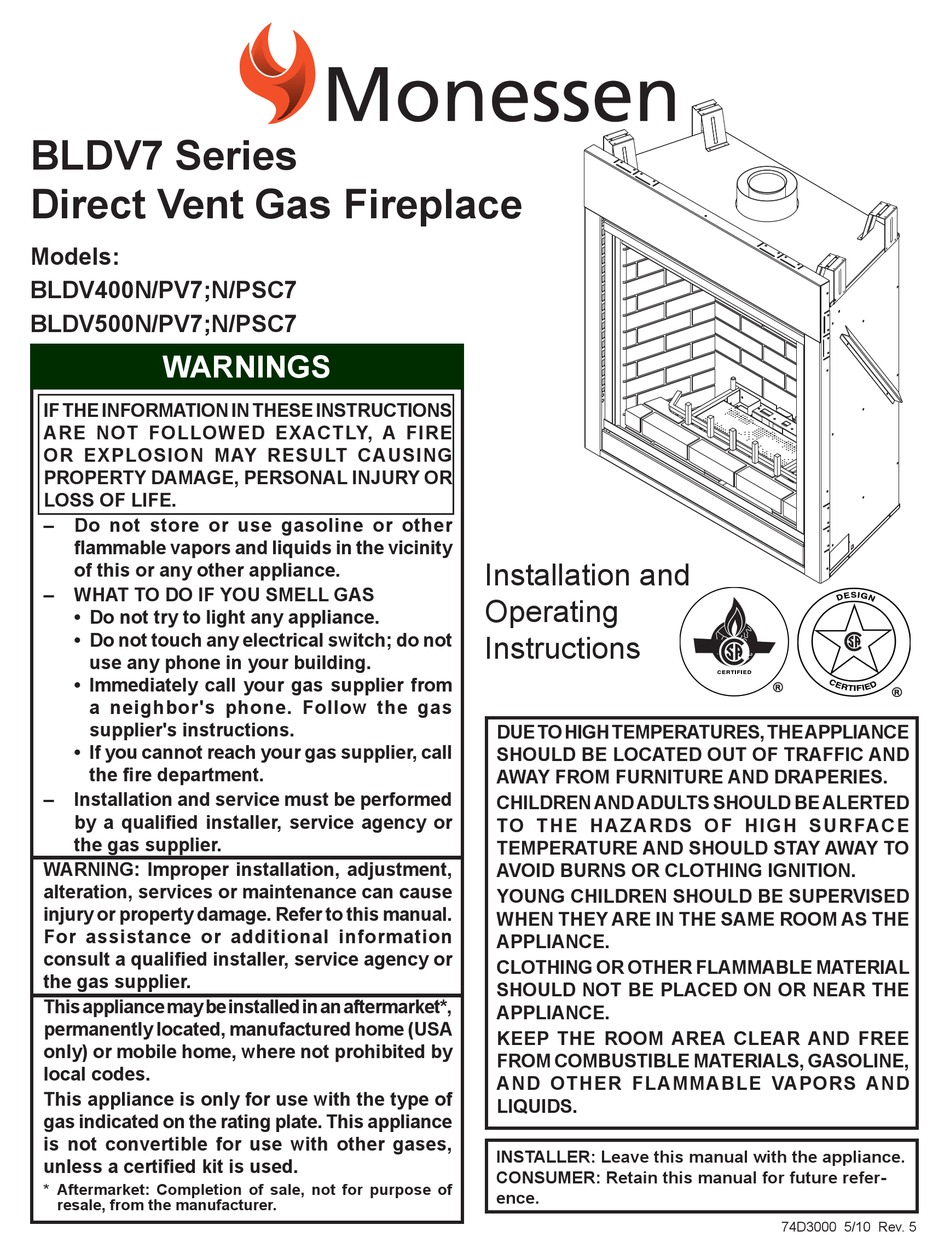 MONESSEN HEARTH BLDV7 SERIES BLDV500N/PV7;N/PSC7 INSTALLATION AND