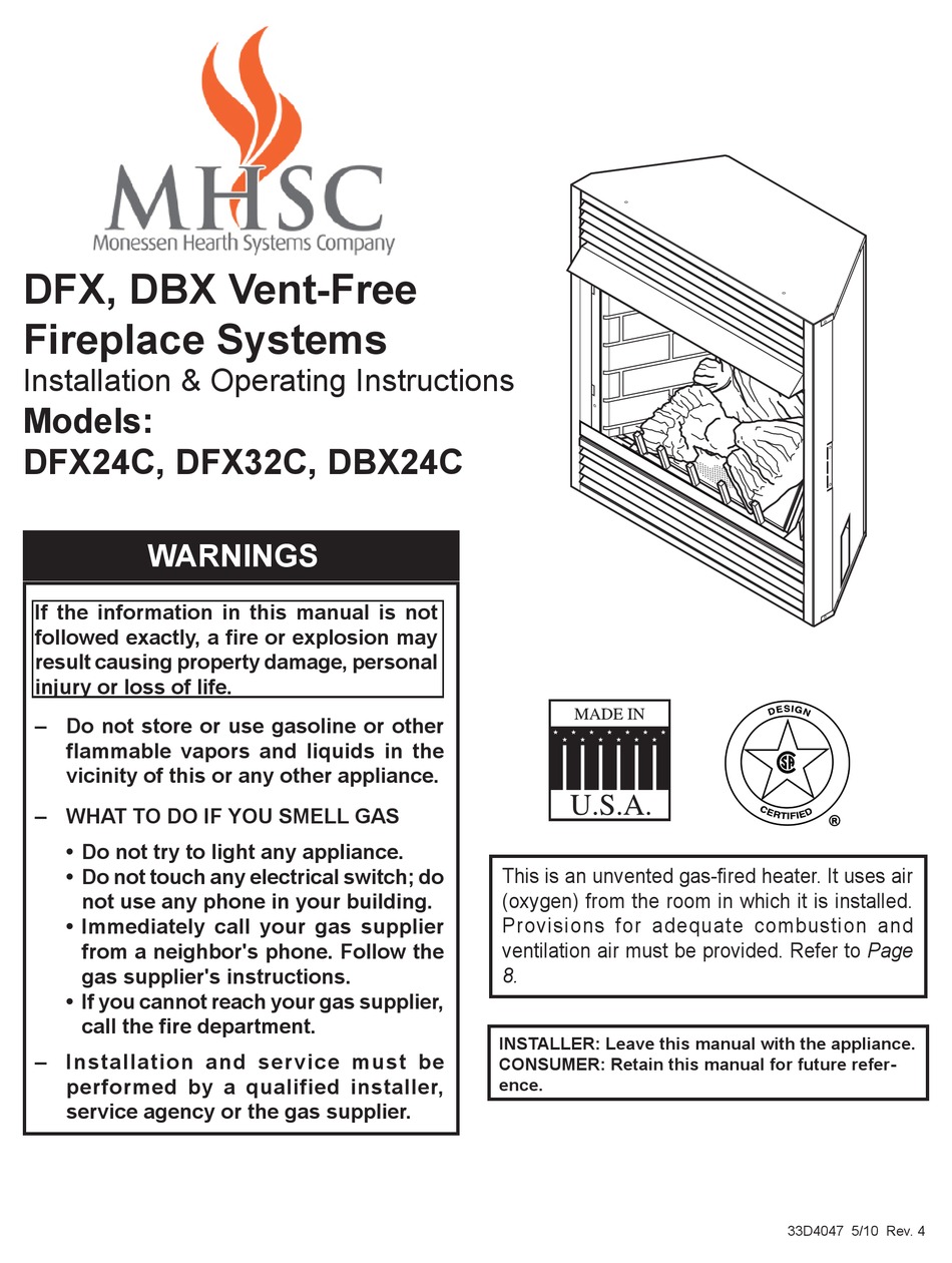 MONESSEN HEARTH DFX DBX24C INSTALLATION AND OPERATING INSTRUCTIONS