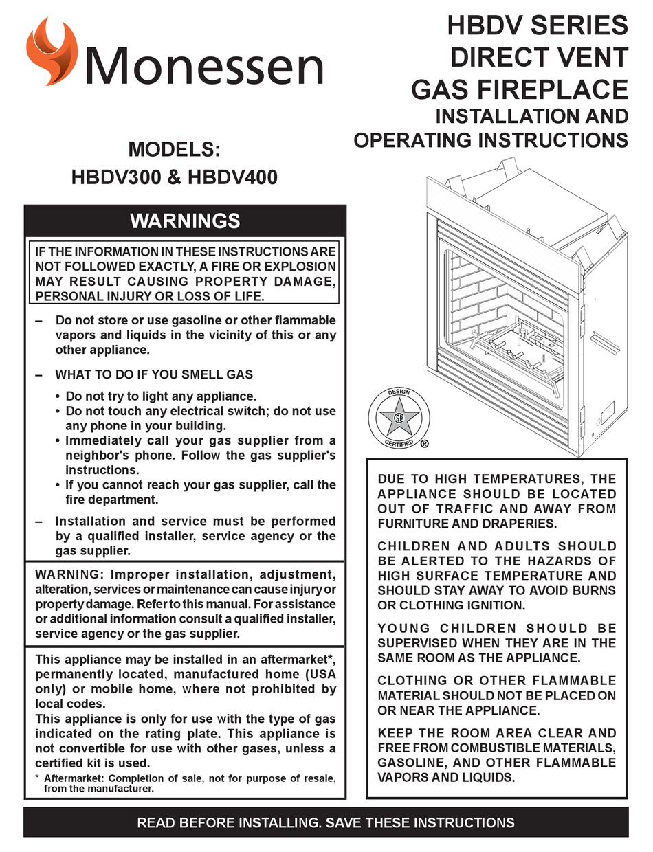 MONESSEN HEARTH DIRECT VENT GAS FIREPLACE HBDV300 INSTALLATION AND