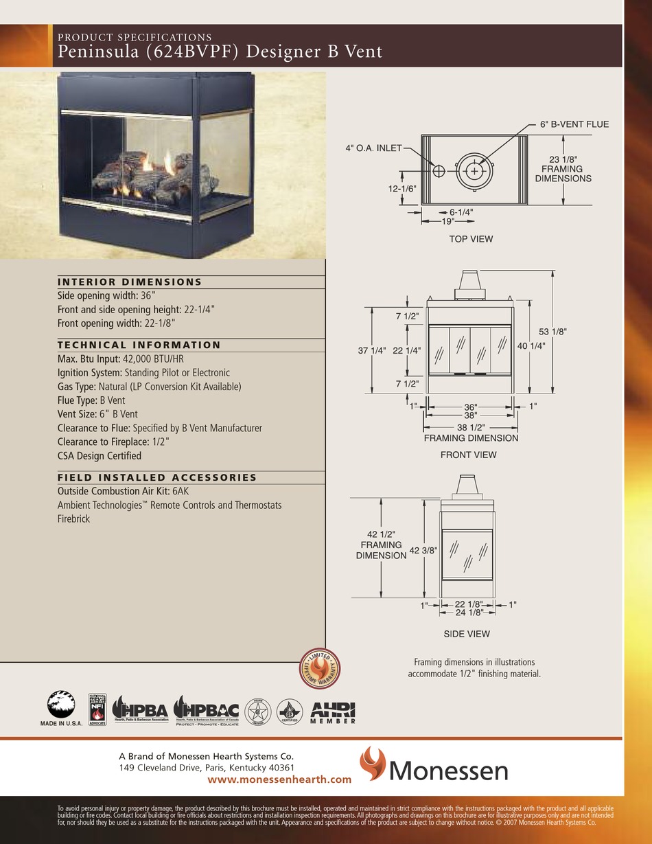 MONESSEN HEARTH INDOOR GAS FIREPLACE 624BVPF PRODUCT SPECIFICATIONS Pdf