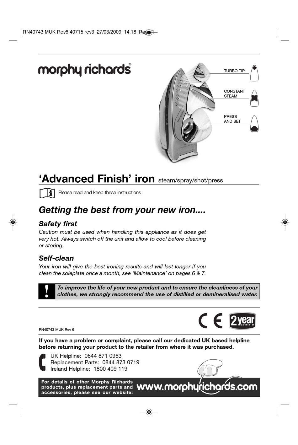 MORPHY RICHARDS ADVANCED FINISH 40743 INSTRUCTIONS MANUAL Pdf Download