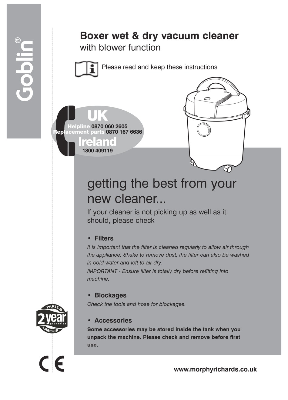 MORPHY RICHARDS BOXER WET & DRY VACUUM CLEANER INSTRUCTIONS MANUAL Pdf