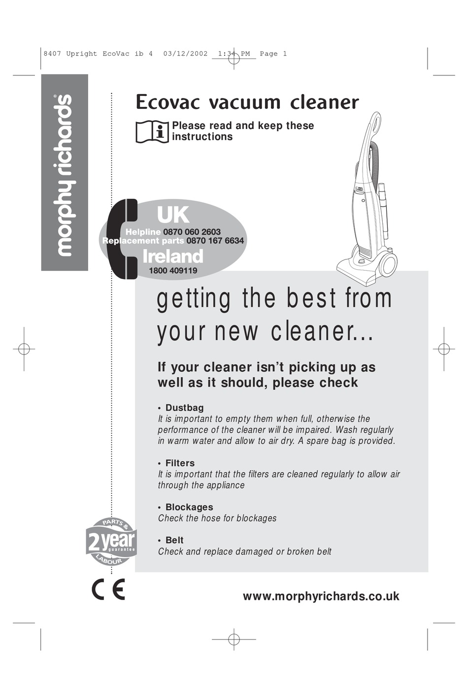 MORPHY RICHARDS ECOVAC VACUUM CLEANER INSTRUCTIONS MANUAL Pdf Download