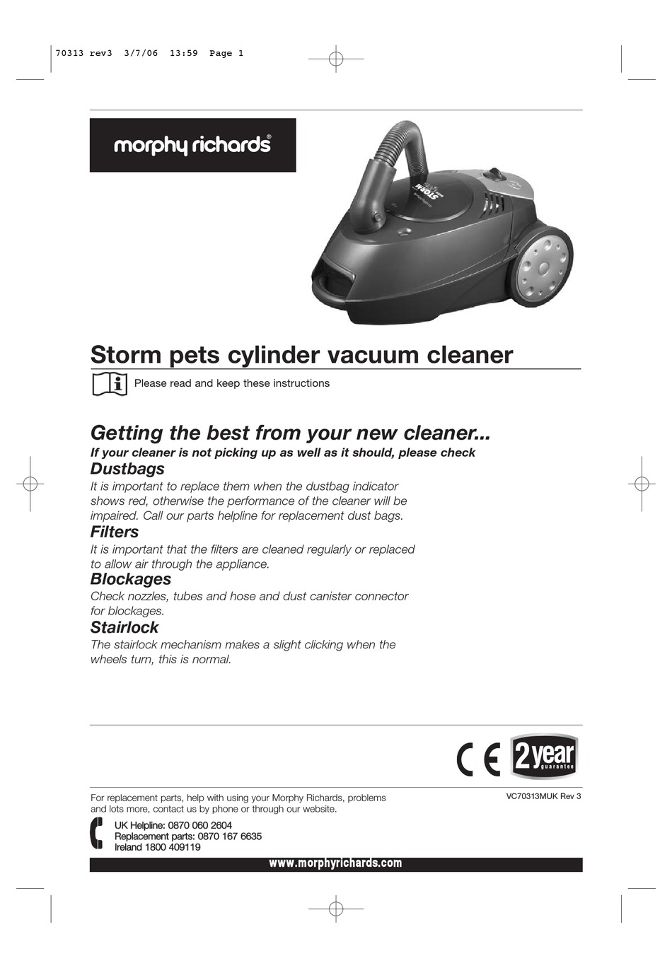 MORPHY RICHARDS STORM PETS CYLINDER VACUUM CLEANER OWNER'S MANUAL Pdf