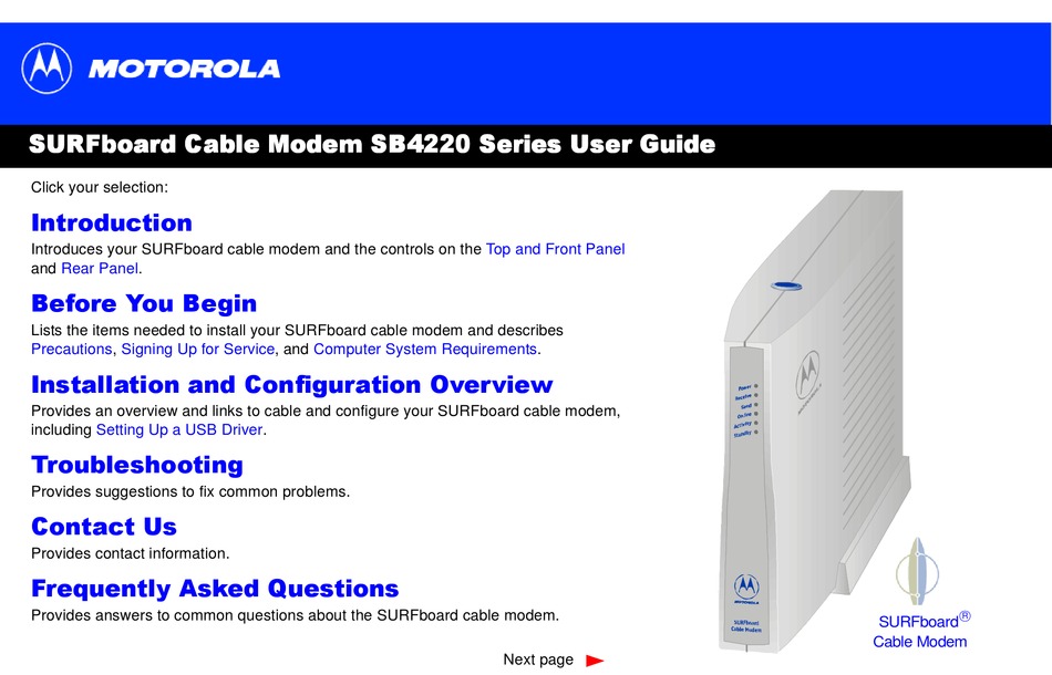 MOTOROLA SURFBOARD SB4220 SERIES USER MANUAL Pdf Download | ManualsLib