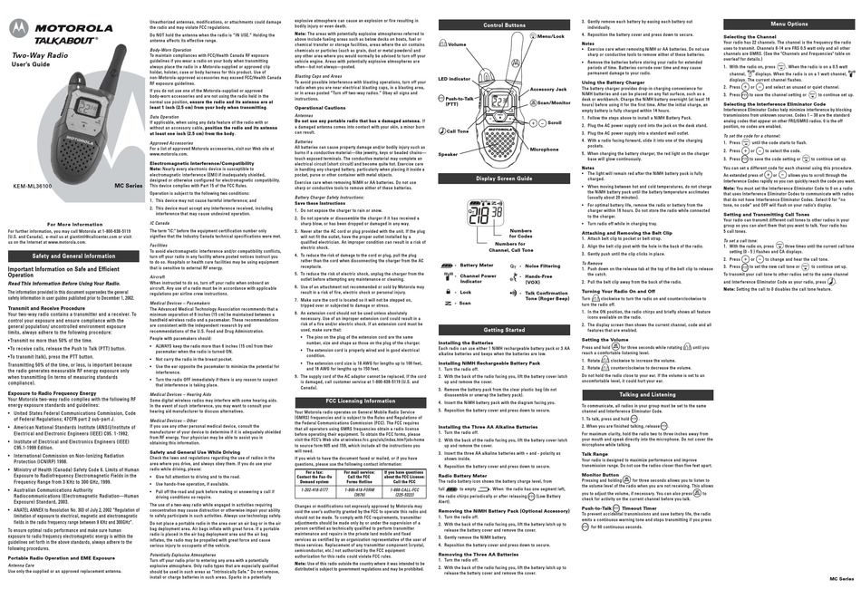 MOTOROLA TALKABOUT KEM-ML36100 USER MANUAL Pdf Download | ManualsLib