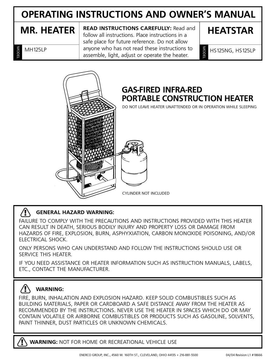 MR. HEATER HS125LP OPERATING INSTRUCTIONS AND OWNER