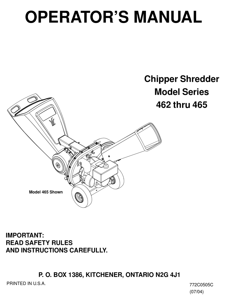 462B thru 465A MTD Chipper Shredder Manual Model No 