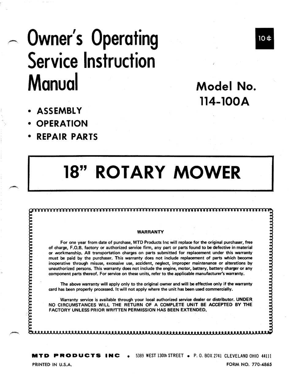 MTD 114-100A OWNER'S OPERATING SERVICE INSTRUCTION MANUAL Pdf Download ...