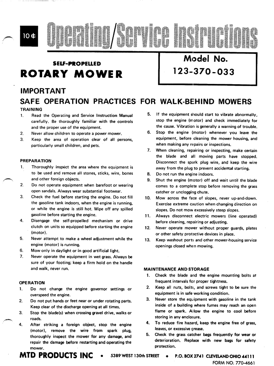 MTD 123-370-033 OPERATING/SERVICE INSTRUCTIONS MANUAL Pdf Download ...