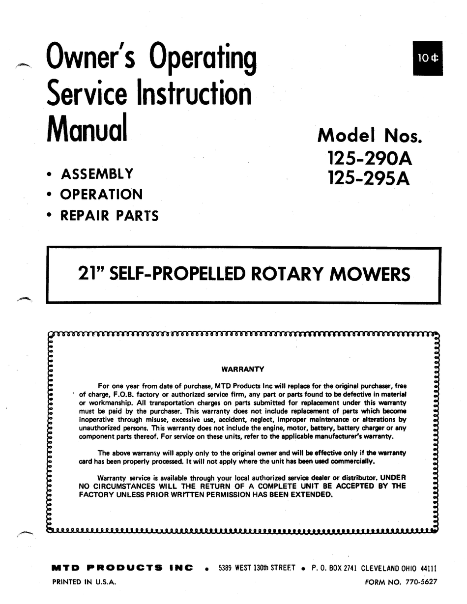 MTD 125-295A OWNER'S OPERATING SERVICE INSTRUCTION MANUAL Pdf Download ...