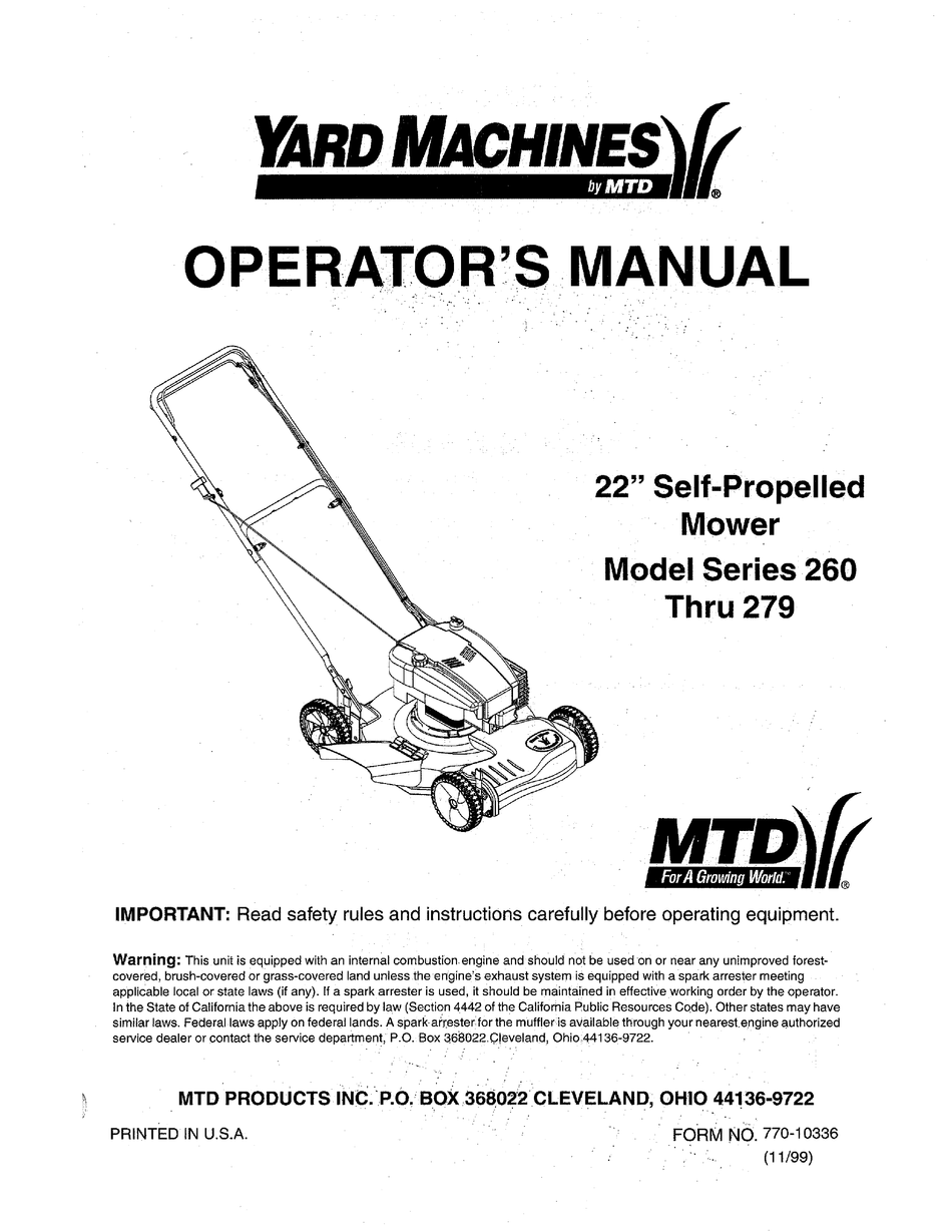 YARD MACHINES SERIES 260 THRU 279 OPERATOR
