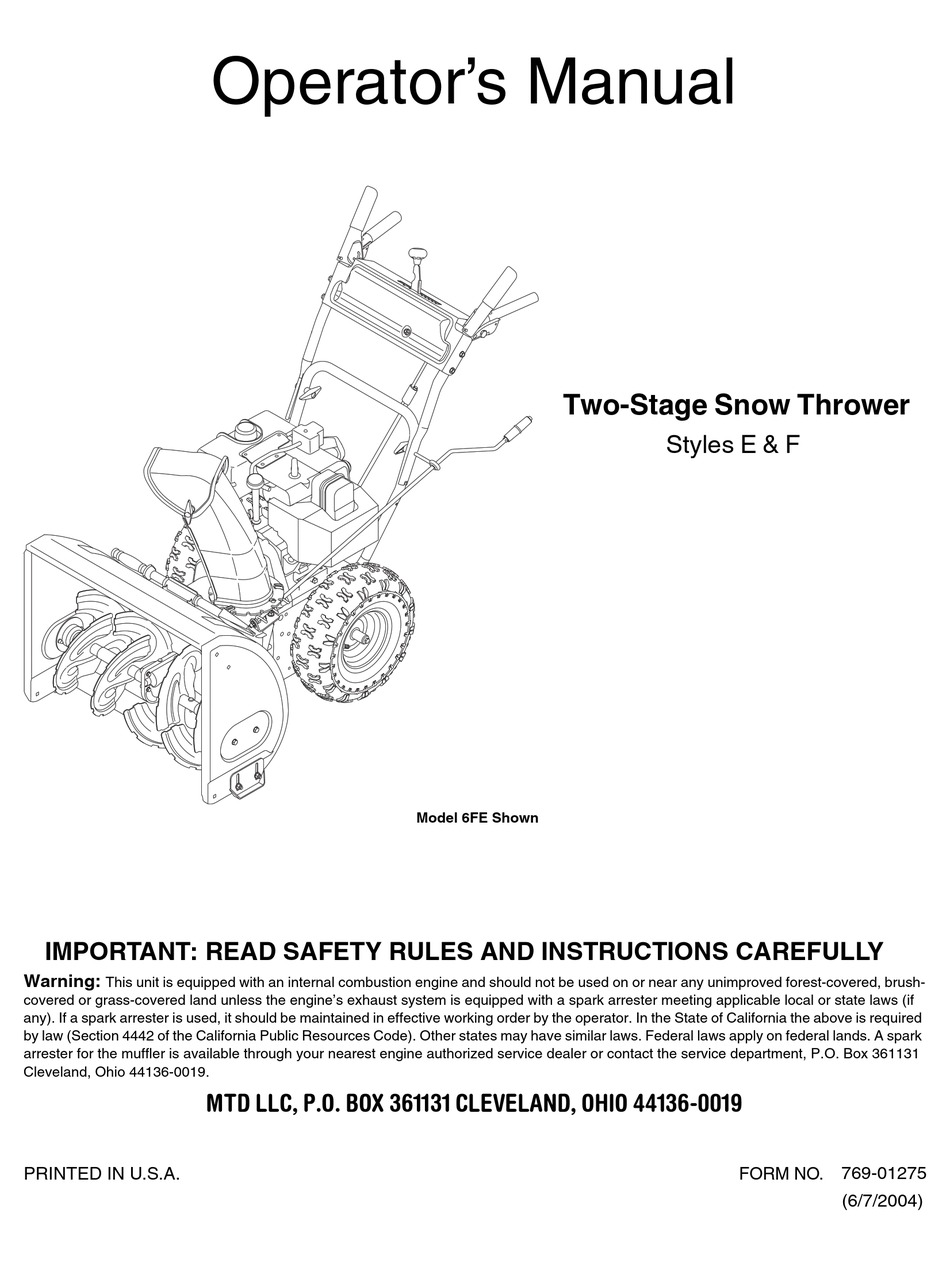 MTD 6FE OPERATOR'S MANUAL Pdf Download | ManualsLib