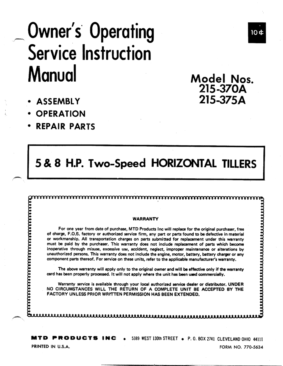 Mtd 215-370 A Owner's And Service Manual Pdf Download 