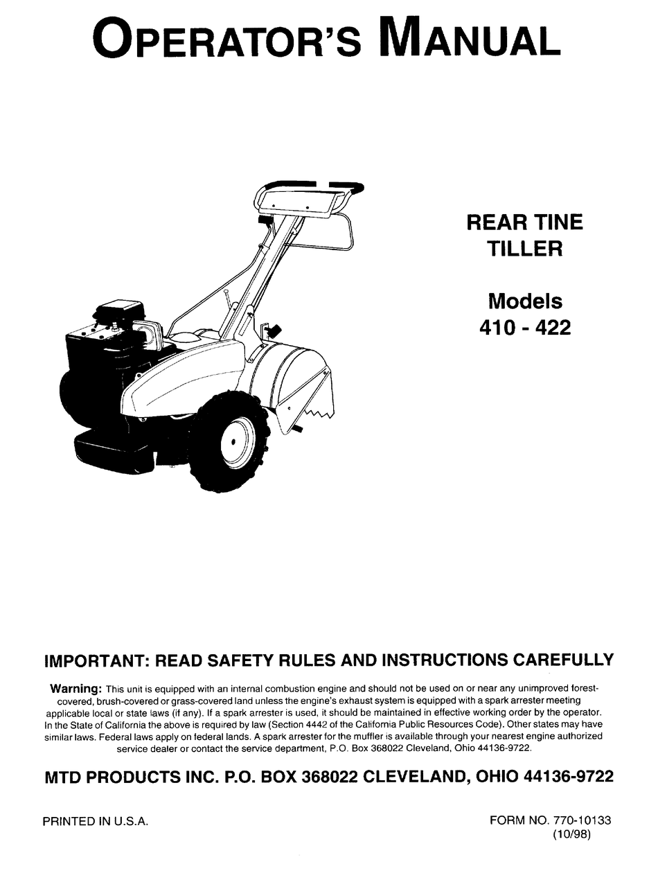 MTD 410 - 422 OPERATOR'S MANUAL Pdf Download | ManualsLib