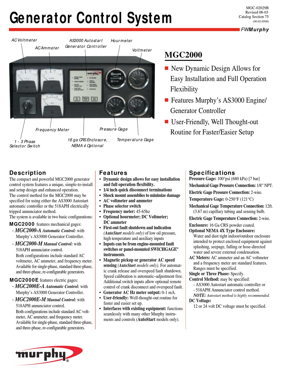 MURPHY GENERATOR CONTROL SYSTEM MGC2000 SPECIFICATIONS Pdf Download