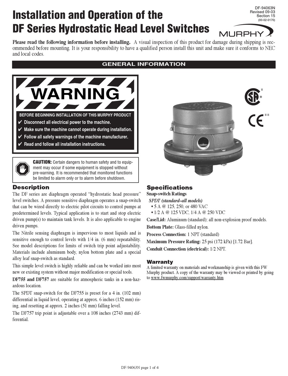 MURPHY DF SERIES INSTALLATING AND OPERATION MANUAL Pdf Download