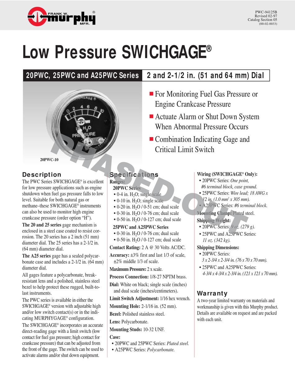 MURPHY LOW PRESSURE SWICHGAGE 20PWC SPECIFICATIONS Pdf Download