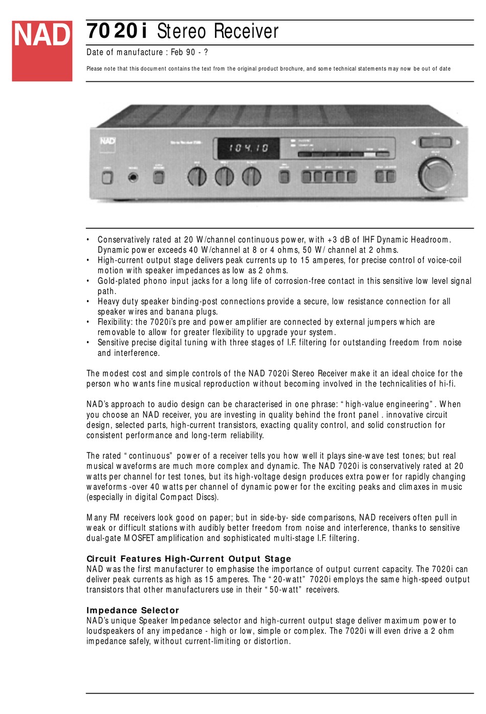 Nad 7020i Specification Sheet Pdf Download Manualslib