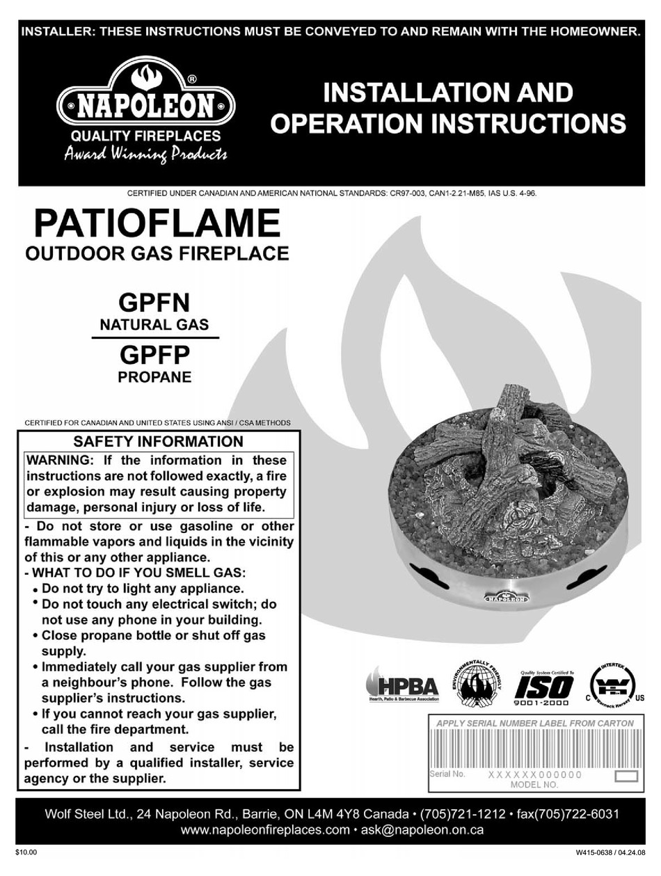 napoleon outdoor fire pit on Napoleon Patioflame Gpfn Installation And Operation Instructions Manual Pdf Download Manualslib