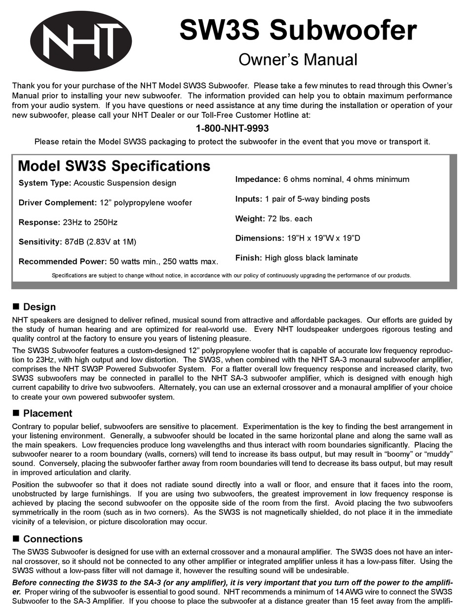 NHT SW3S OWNER'S MANUAL Pdf Download ManualsLib