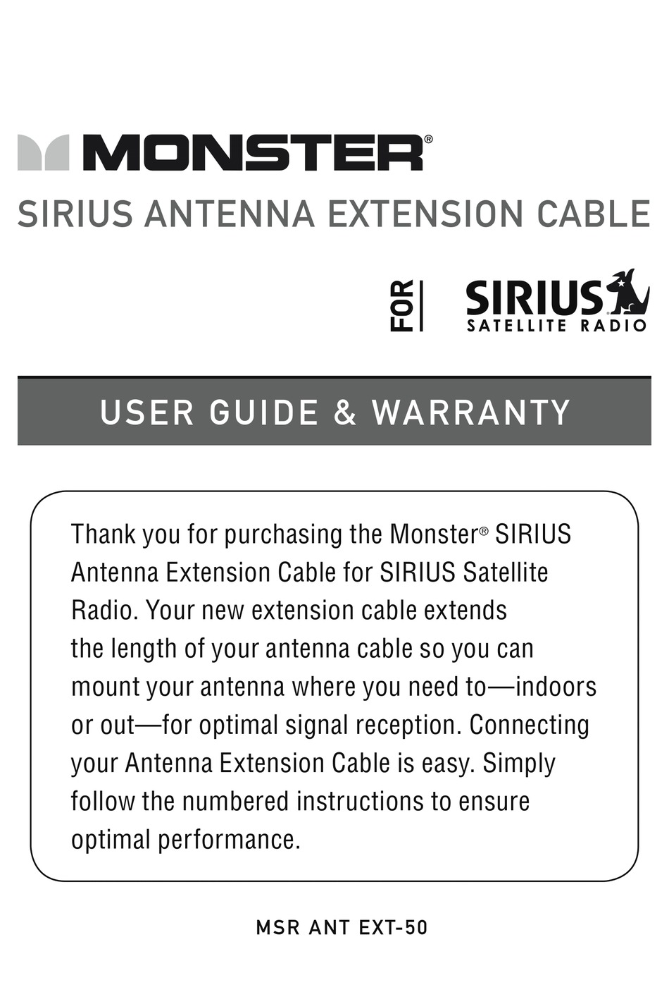 MONSTER SIRIUS ANTENNA EXTENSION CABLE USER MANUAL Pdf Download
